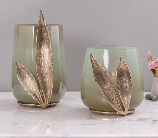 Enclosed Leaf Hurricane Candle Holder