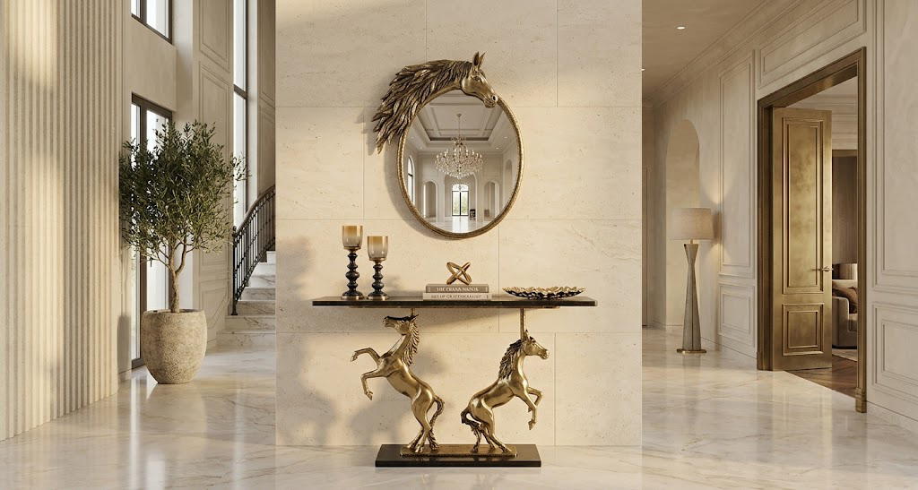 Rabyana console and mirror in a grand interior