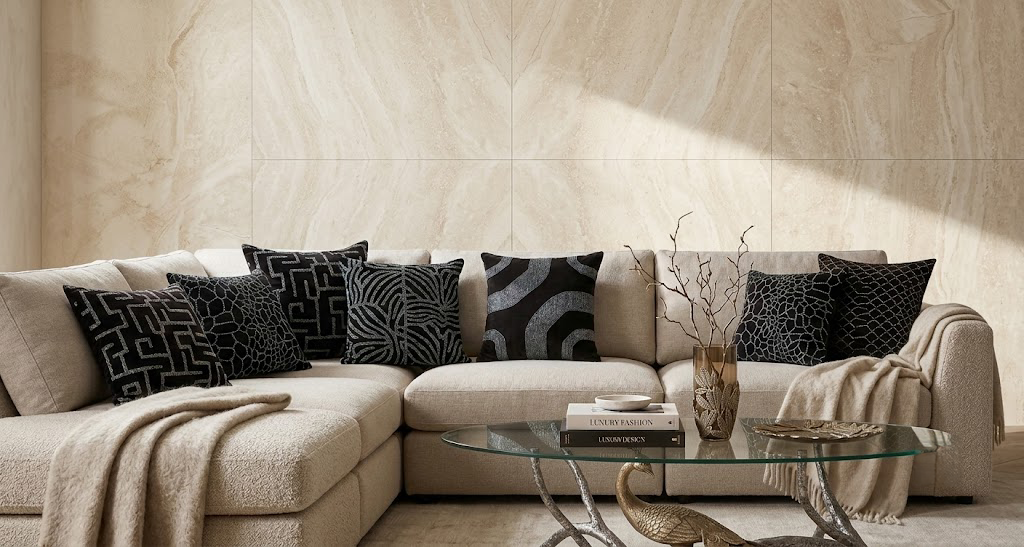 Rabyana cushions in a warm, elegant living room