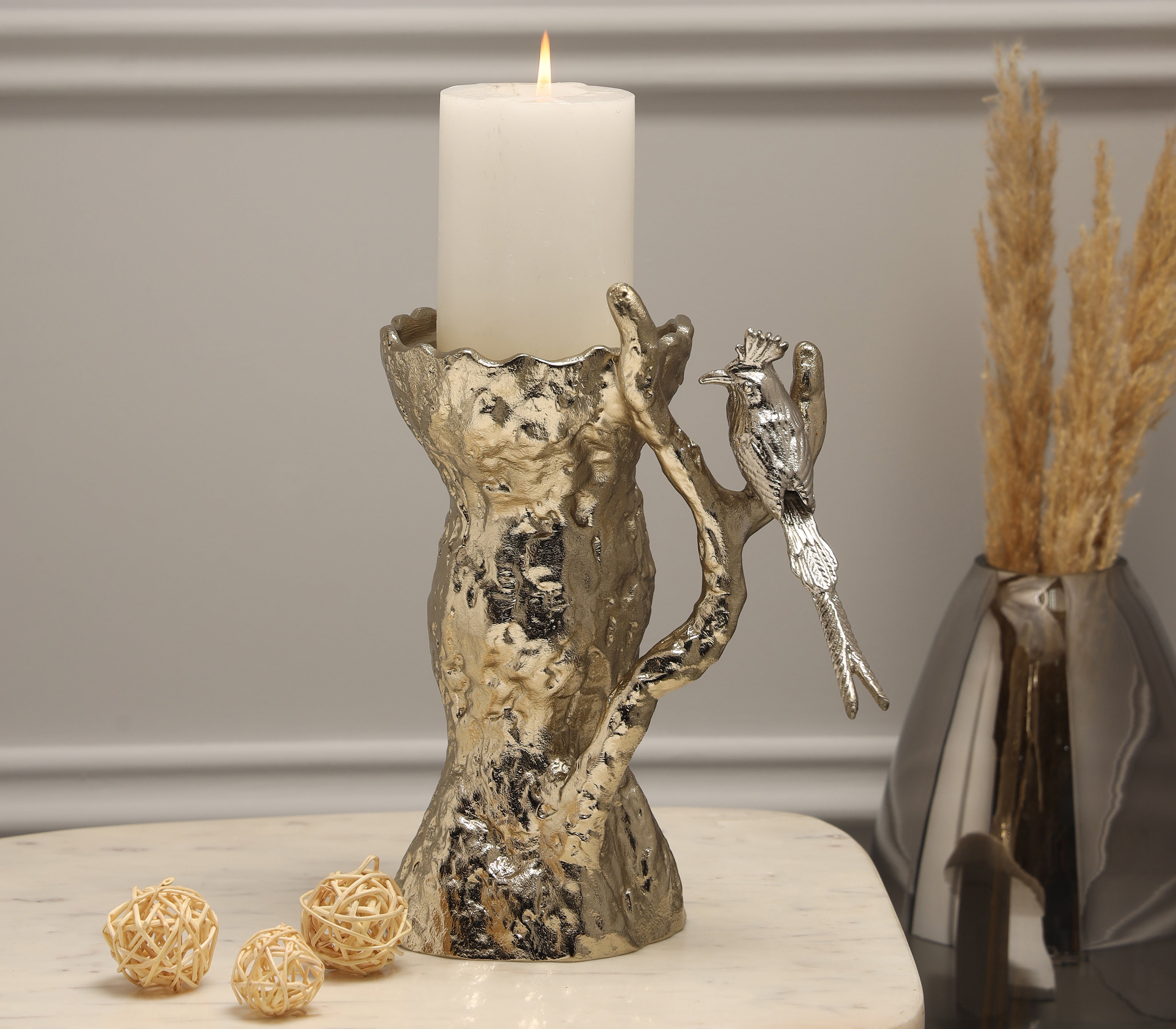 Flycatcher Bird Pillar Candle Holder